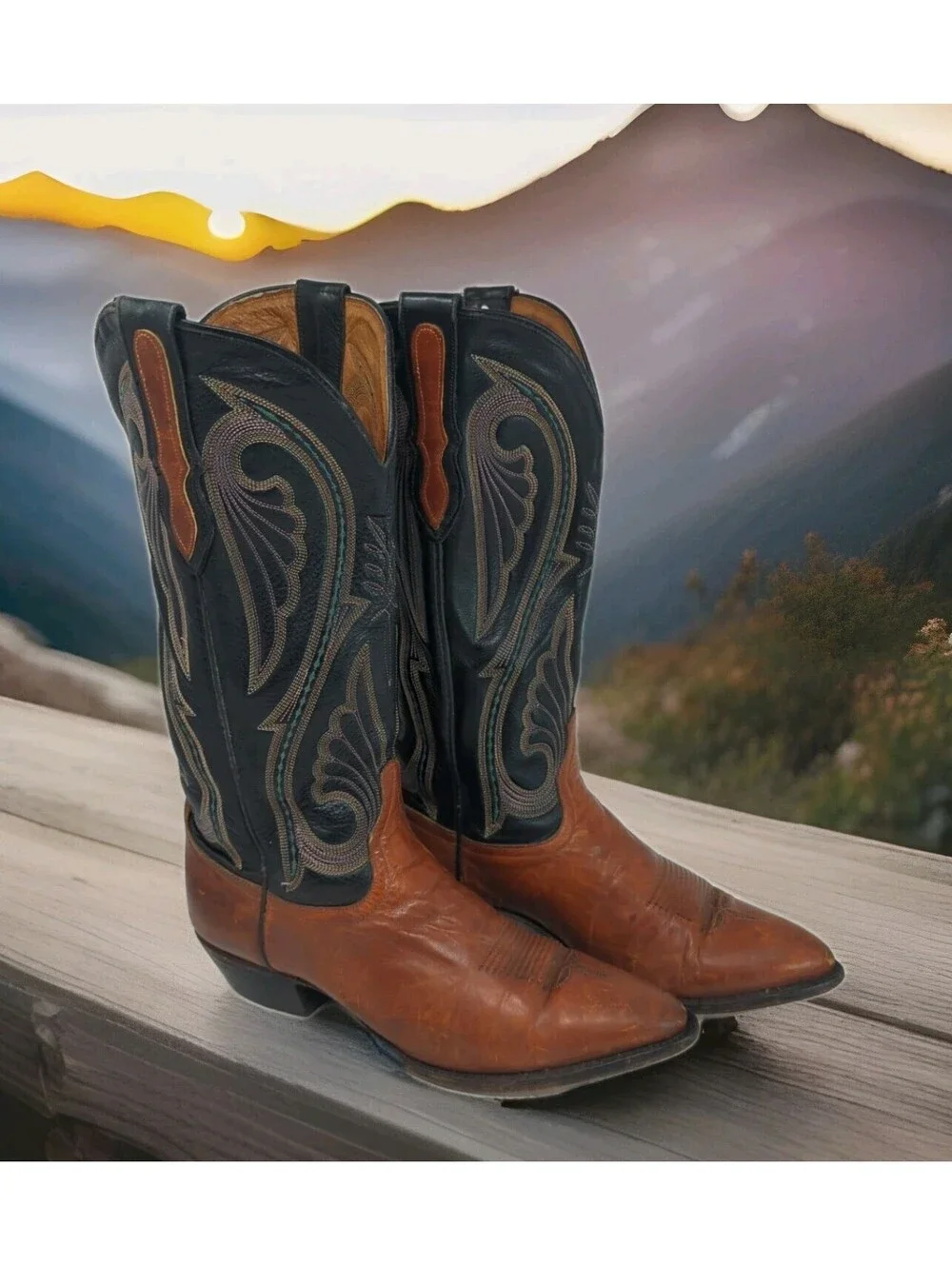 Larry Mahan El Paso Leather Cowboy Western Boot Men 7 Women 8 Two Tone Black Tan